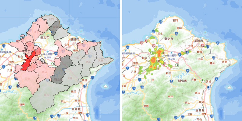 圖1 新北市金屬製品業分布面量圖與熱區圖