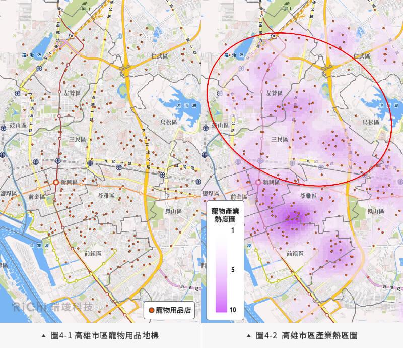 高雄市區寵物用品地標(左)、及產業熱區圖(右)