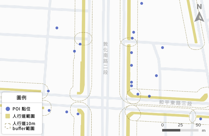 人行道10m環域範圍與POI 人行道10m環域範圍與POI